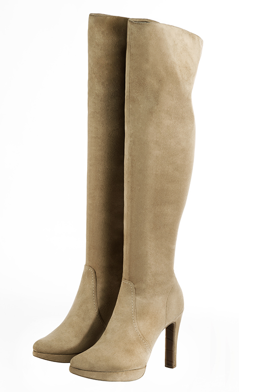 Sand beige women's stretch thigh-high boots. Tapered toe. Very high slim heel with a platform at the front. Made to measure. Front view - Florence KOOIJMAN